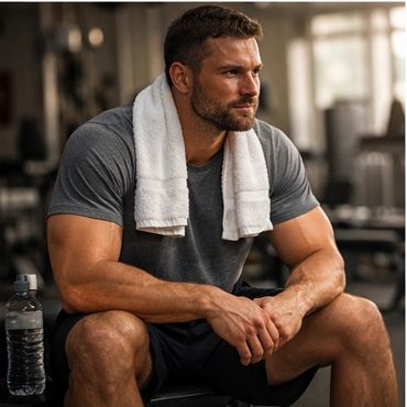 Man resting with towel on shoulders after workout in gym.
