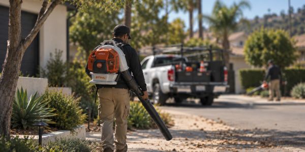 Man using a backpack leaf blower on a suburban street.