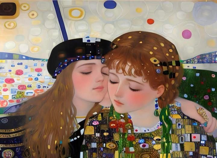 Two women in an affectionate embrace, eyes closed, surrounded by abstract patterns.