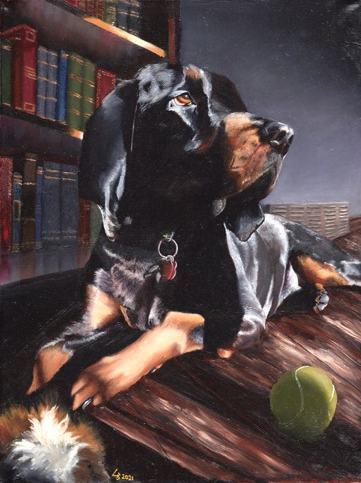 Painting of a black dog next to a tennis ball.
