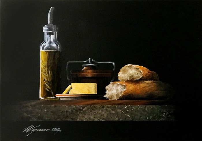 Still life painting of bread, butter, olive oil, and a pepper grinder on a dark background.