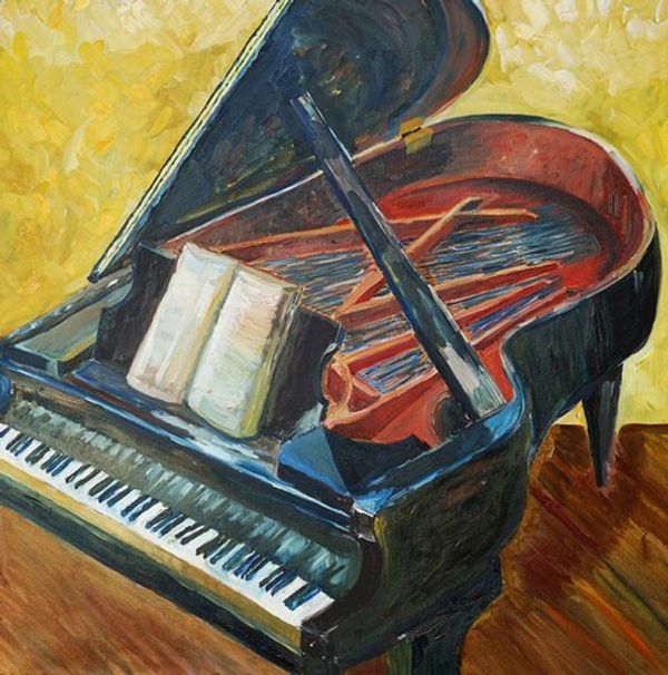 A painted grand piano with an open lid and sheet music inside.
