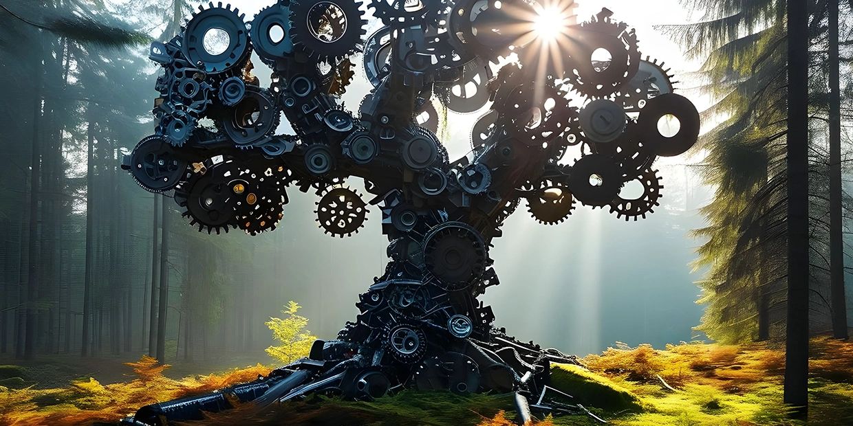 A tree sculpture made of interlocking black gears in a forest.