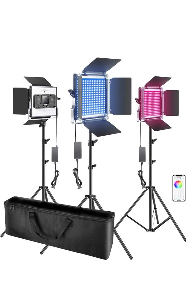 LED indoor/outdoor lighting with stands for photography and videography