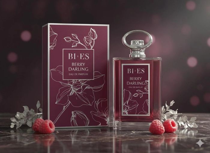 Elegant Berry Darling perfume bottle and box with raspberries and floral design.