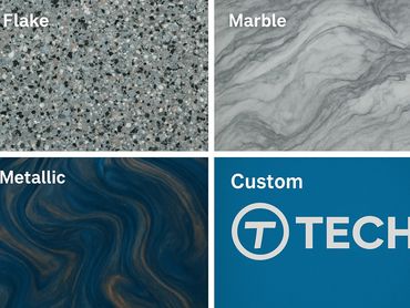 Four types of surface finishes: Flake, Marble, Metallic, and Custom Tech.