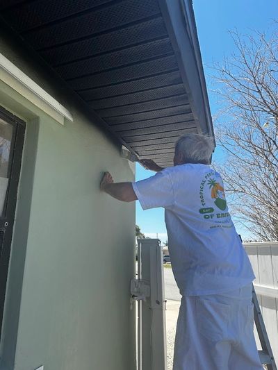 A man painting an exterior wall of a house under clear blue sky.