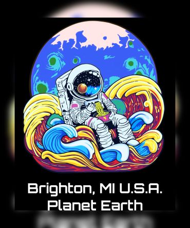 Astronaut eating noodles with colorful Earth background.