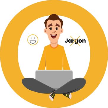 A man looking happy with a smiley face emoji and the word 'jargon' crossed out