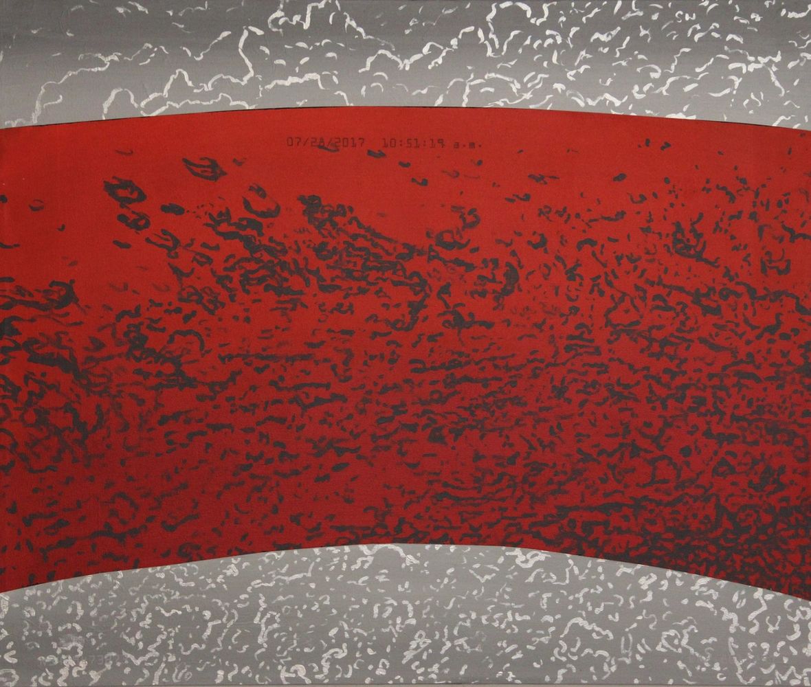 No Place in Time: Since IV,
2018, acrylic, silkscreen on canvas, 35" x 40" x 2",.