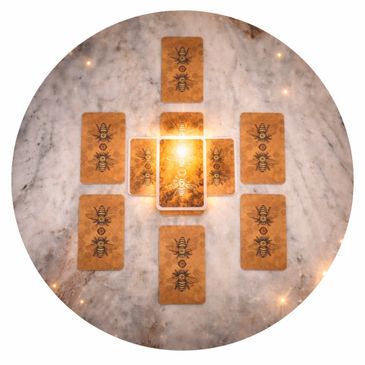 Tarot cards arranged in a mystical cross pattern on marble.