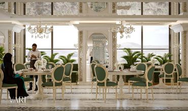 Arabesque hotel restaurant, crystal chandeliers and velvet chairs — تصميم مطاعم وفنادق