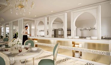 Brass and marble buffet counter, hotel restaurant — تشطيب مطاعم F&B