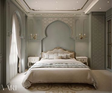 Junior suite bedroom, arched fretwork headboard wall — تصميم غرف فنادق