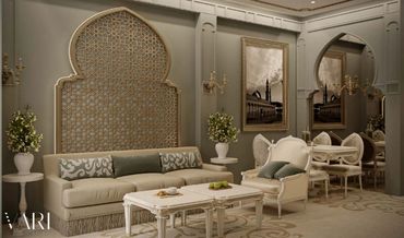 Junior suite majlis seating and console wall — تصميم ضيافة وإداري