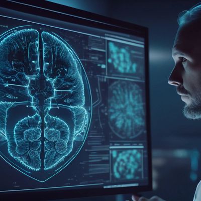 A scientist examines detailed brain scans on a digital screen in a dark lab.