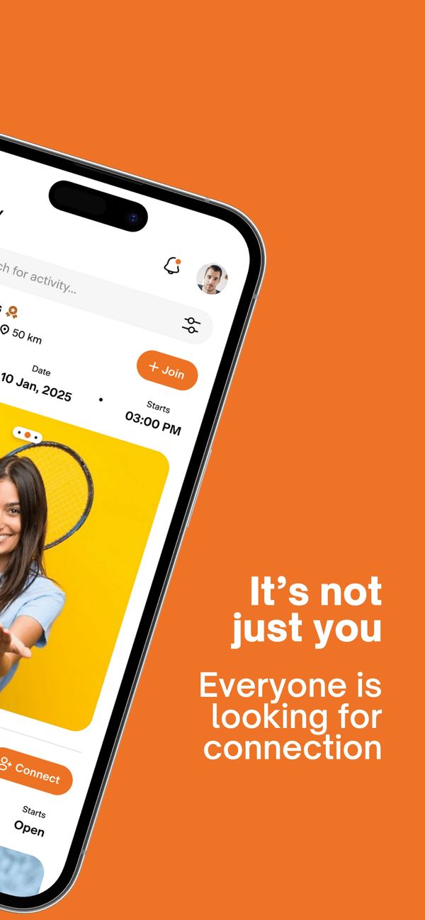 Smartphone showing a social app with the text about seeking connection on an orange background.