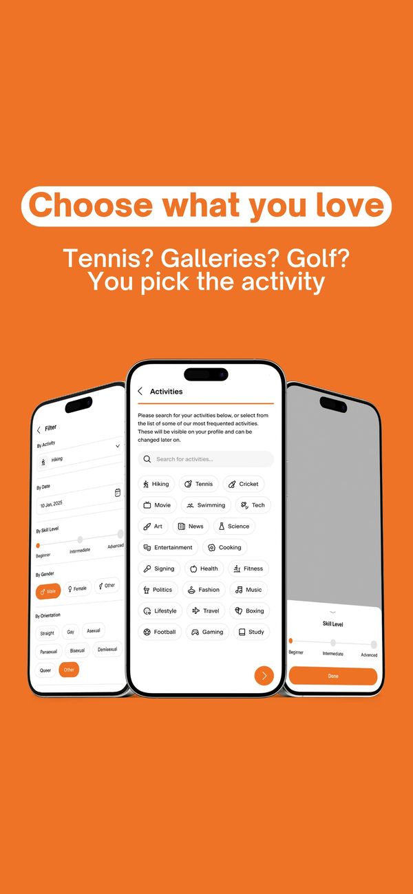 App interface for choosing favorite activities like tennis, hiking, and cooking.