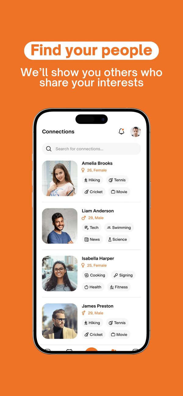 App screen showing a social connections feature to find people with shared interests.