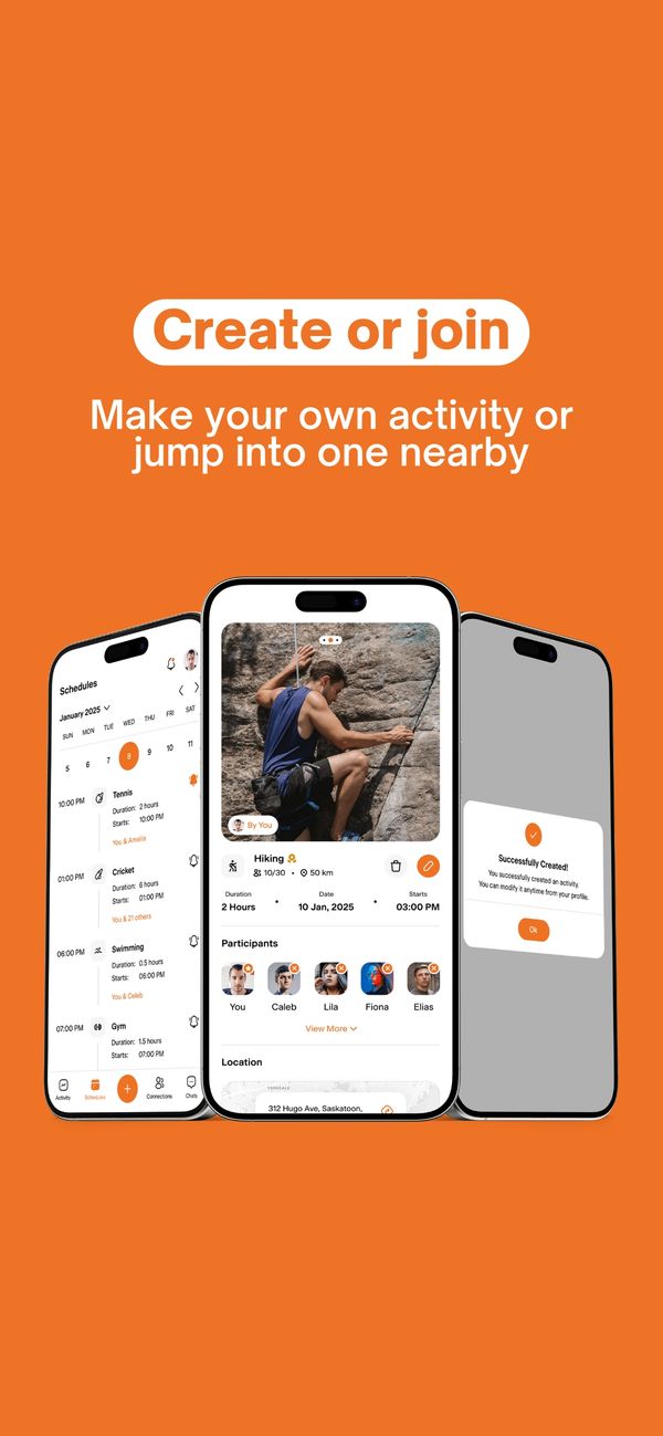 Mobile app interface for creating or joining nearby activities with friends.
