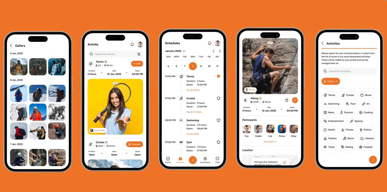 Mobile app interface showcasing activity tracking, scheduling, and social interaction features.