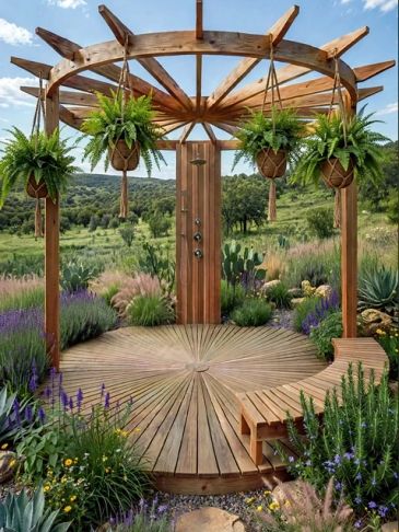 Wooden gazebo with hanging plants in a garden.