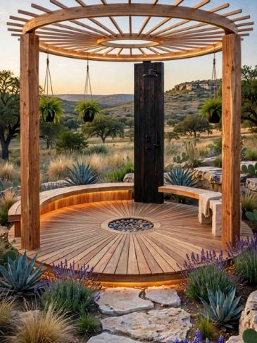 Wooden circular gazebo with hanging plants and desert landscape.
