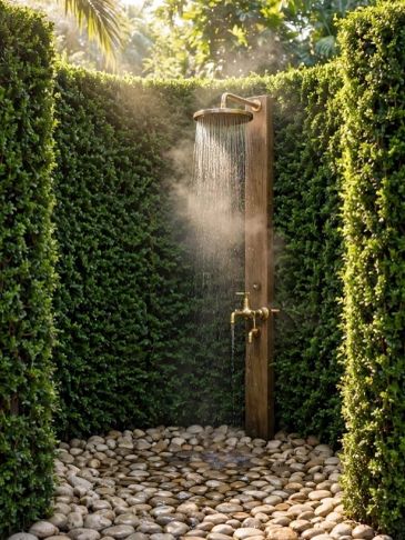 Outdoor shower surrounded by greenery and stones.