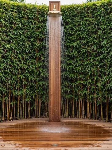 Outdoor wooden shower with water flowing down.