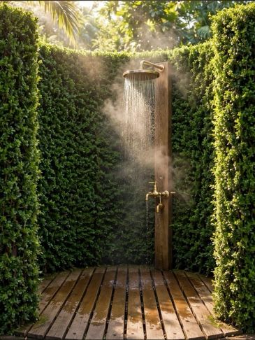 Outdoor shower surrounded by greenery and wooden decking.