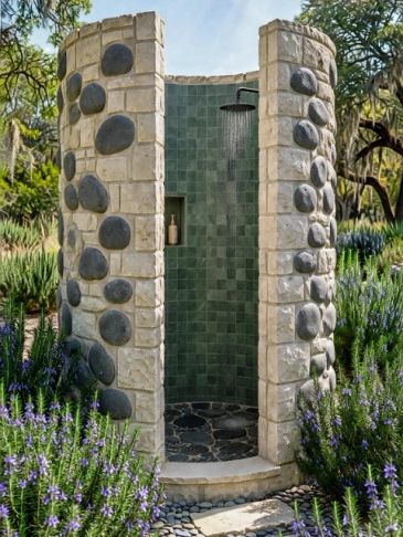 Outdoor stone shower surrounded by greenery.