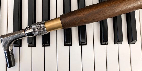 A wooden-handled tool resting on piano keys.