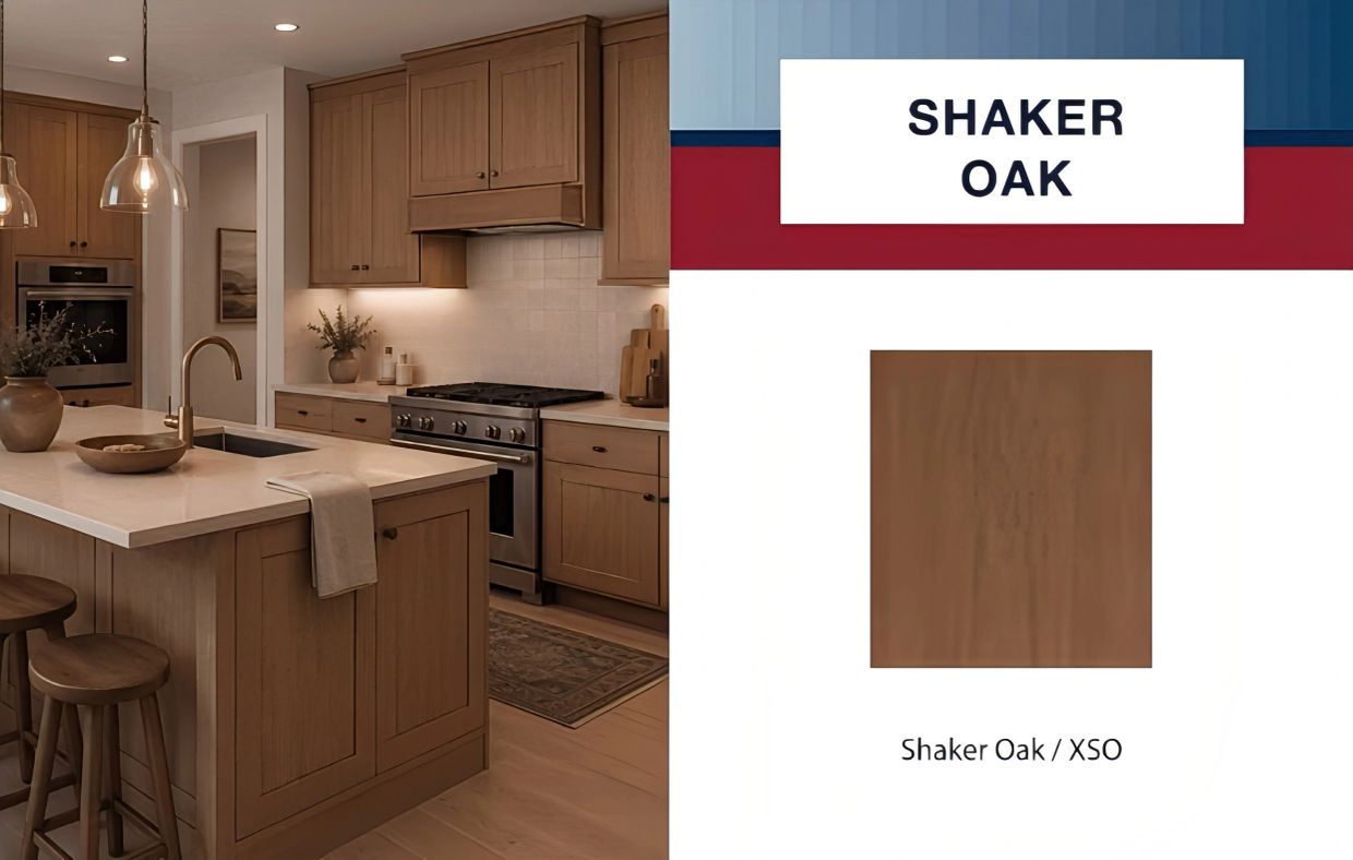 Kitchen with shaker oak cabinets and island.