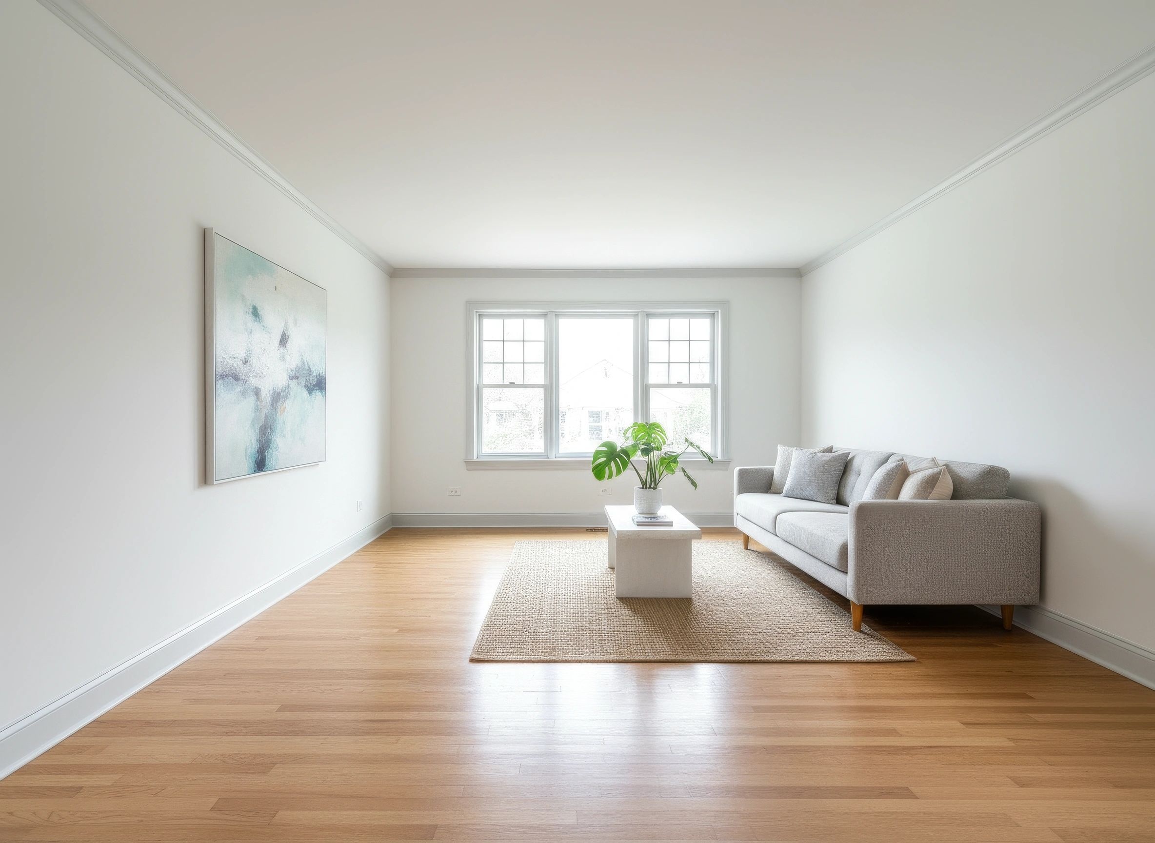 Finished residential interior painting with light gray walls and hardwood floors