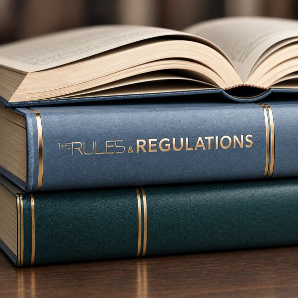 Stack of law books titled "Rules & Regulations."