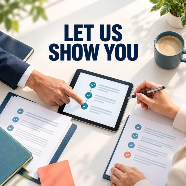 Two people reviewing checklists with text 'LET US SHOW YOU'.