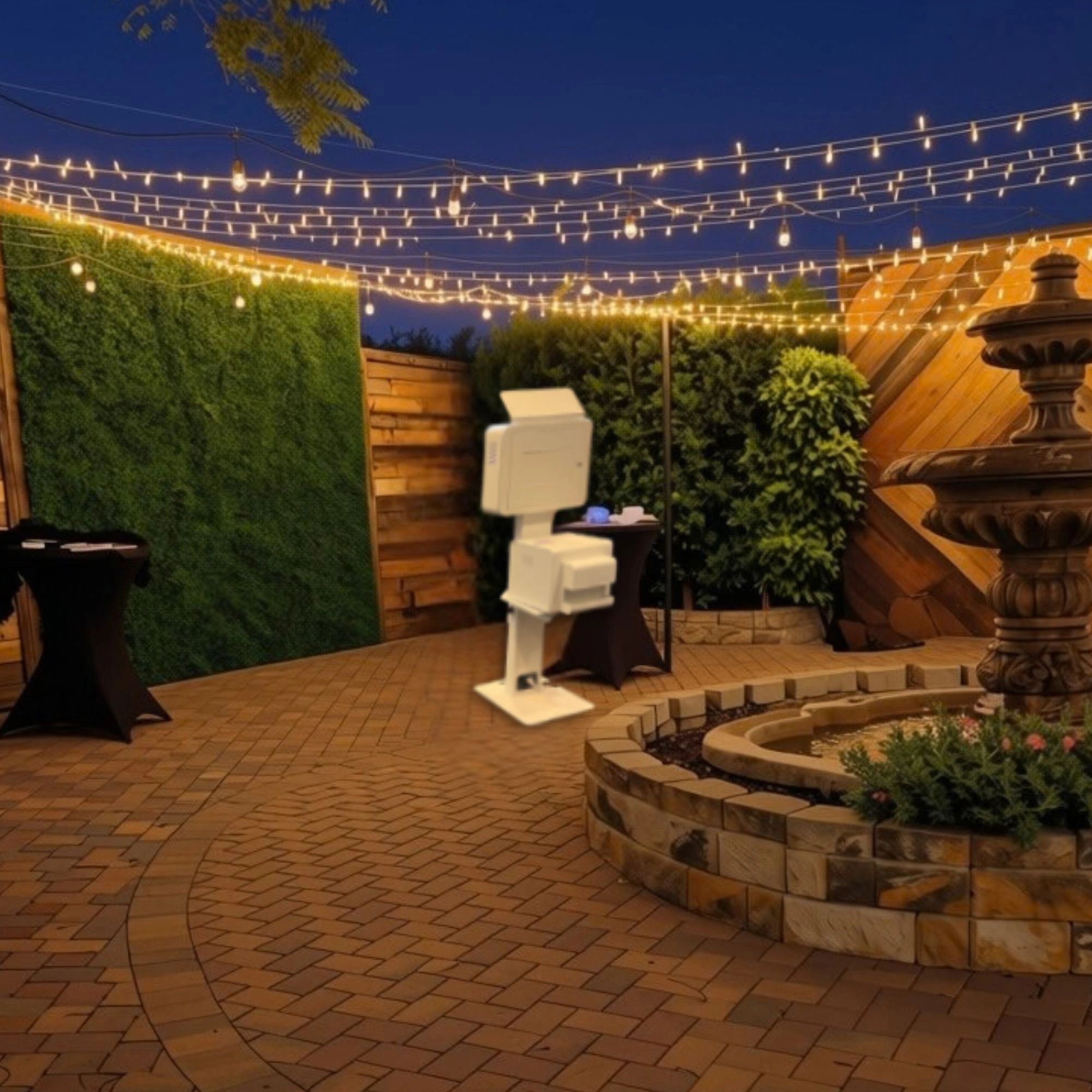 A versatile open-air photo booth offering instant prints sits at twilight at a AZ desert venue