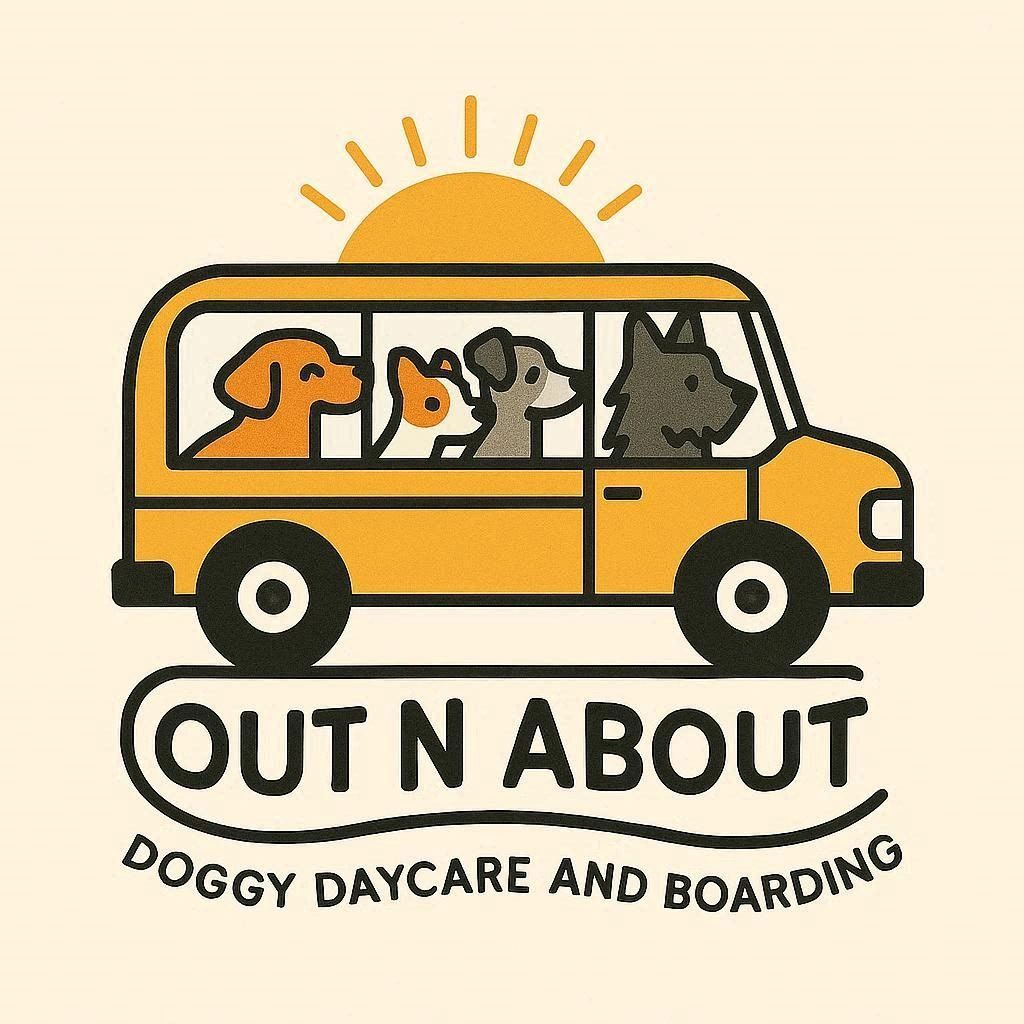Logo with dogs in a bus and sun behind, for a doggy daycare.