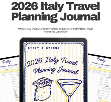 Cover of the 2026 Italy Travel Planning Journal with travel itinerary pages.