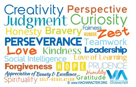group of words like hope, perspective, zest, prudence, gratitude, honesty