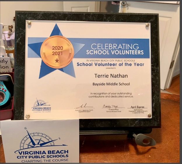 Terrie Nathan Volunteer of the year award 2020-2021 Virginia Beach Public Schools