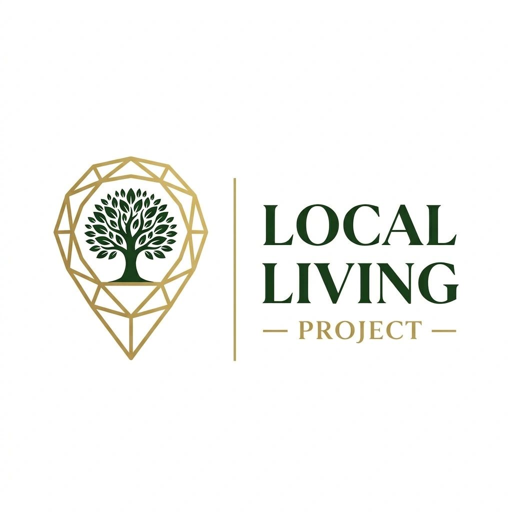 Logo for Local Living Project featuring a tree inside a geometric location pin.