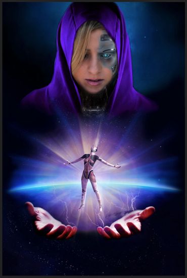 cyborg in space holding a glowing smaller robot.