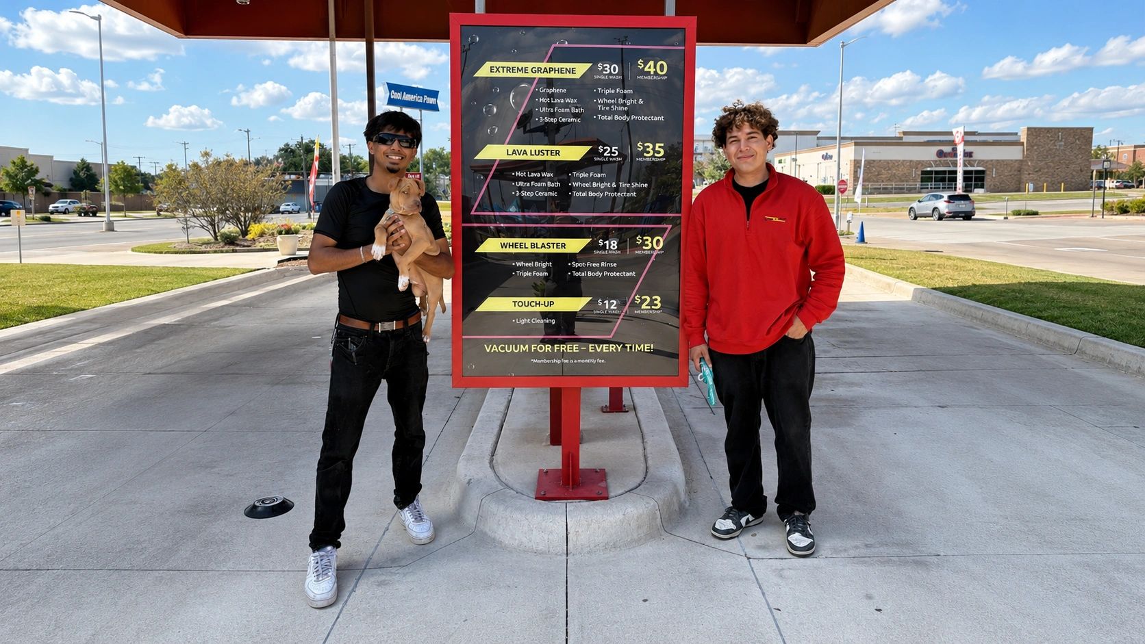 Two men stand by a car wash price board, one holding a puppy.