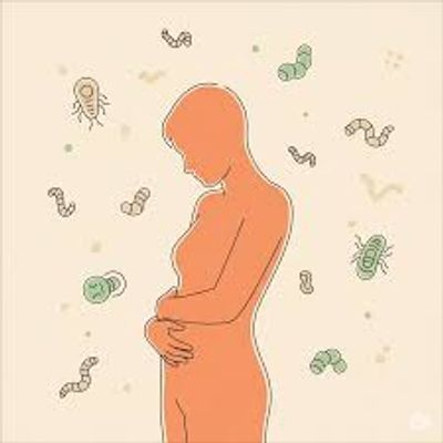Silhouette of a pregnant woman surrounded by bacteria and microorganisms.