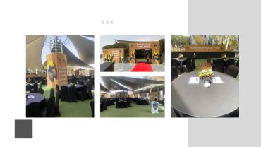 Outdoor event setup with round tables and black chairs under a canopy.
Corporate event production and branding solutions delivered by 3Pro’s Production Solutions.