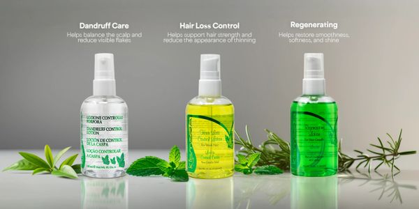 Three hair care sprays for dandruff, hair loss, and regenerating.