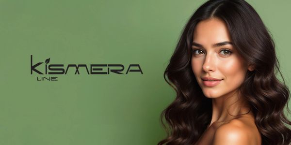 Woman with wavy hair and Kismera Line logo on green background.