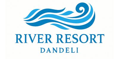 Logo of River Resort Dandeli with blue waves.
