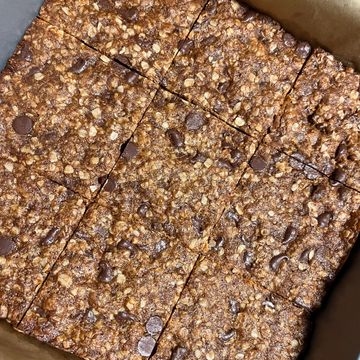 Chocolate chip oat bars cut into squares.